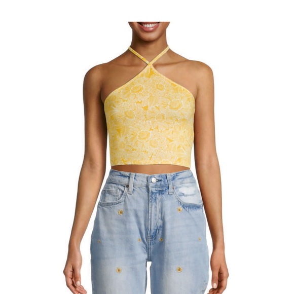 Tops - Arizona Junior Medium Yellow floral stretchy halter tank top ties in back.